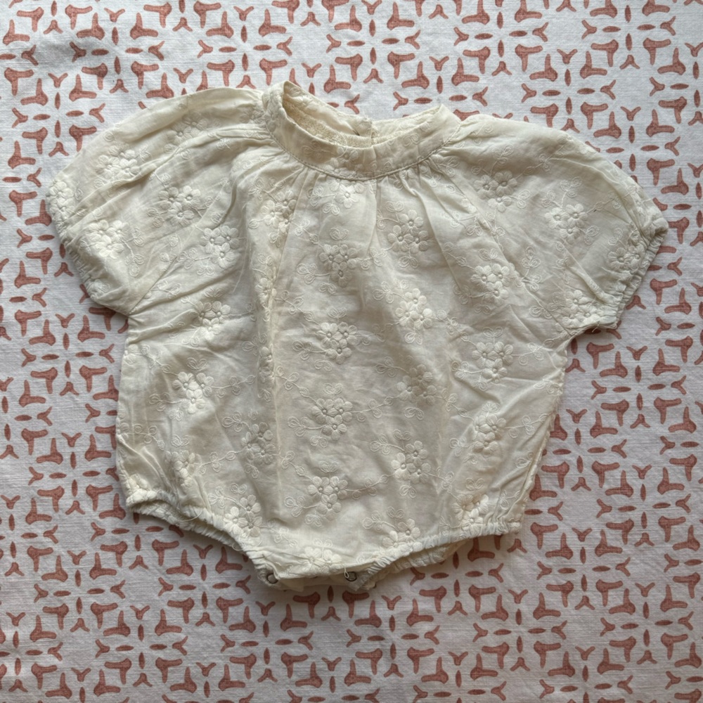 Ivory Short Sleeve Floral Embroidered Romper | 6-12 months